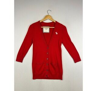 Preppy Y2K Abercrombie & Fitch Womens Sm Red V-Neck Button Front Logo Cardigan
